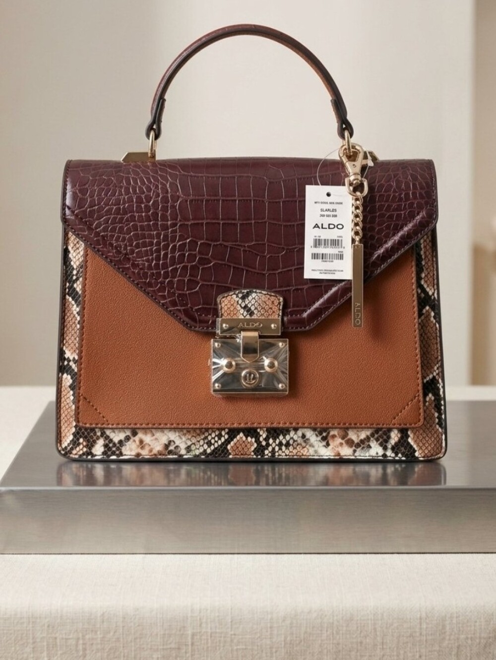ALDO Clairlea  Structured Top Handle Crossbody Bag Deep Brown Snake Print